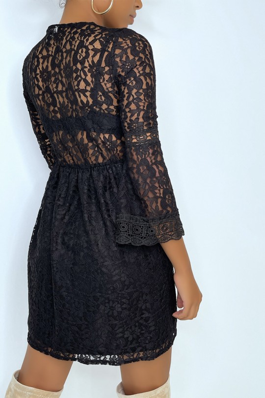 Little black bohemian dress in openwork lace and skater cut - 3