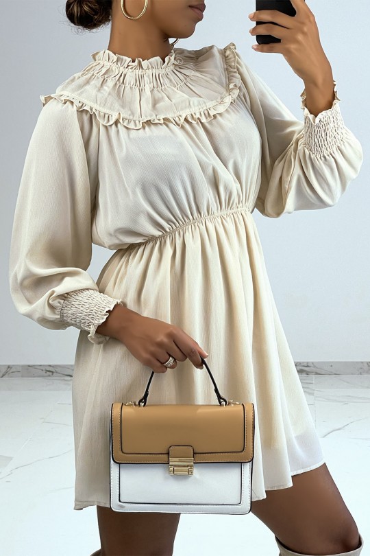 Little beige fluid dress with long sleeves and high collar - 4