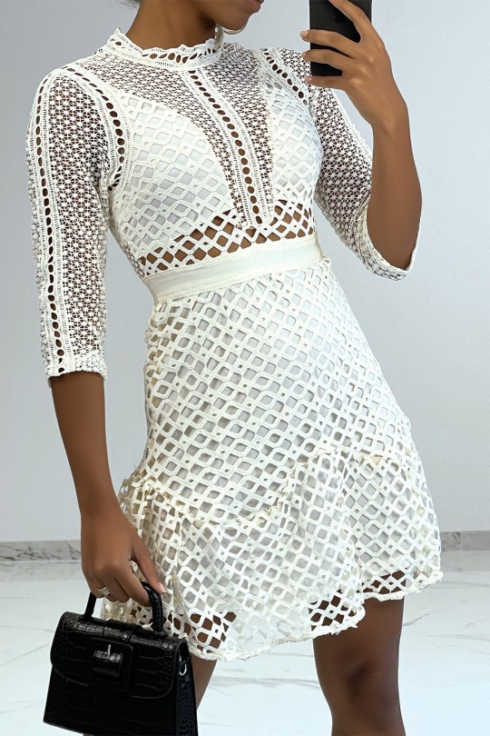 Beige totally openwork dress with skater cut and 3/4 sleeves - 1