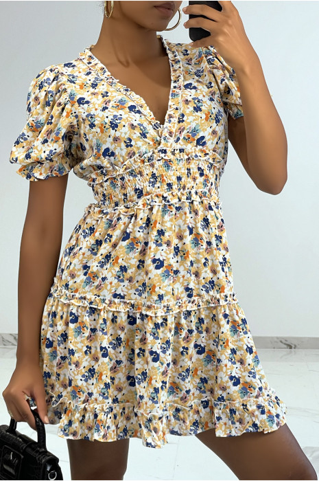 Petite robe élastique fluide beige à fleurs multicolors - 2