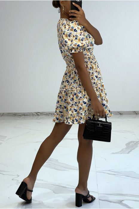 Little beige fluid elastic dress with multicolored flowers - 3