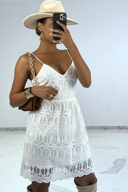 Little white puff-effect dress with magnificent embroidered tulle - 1