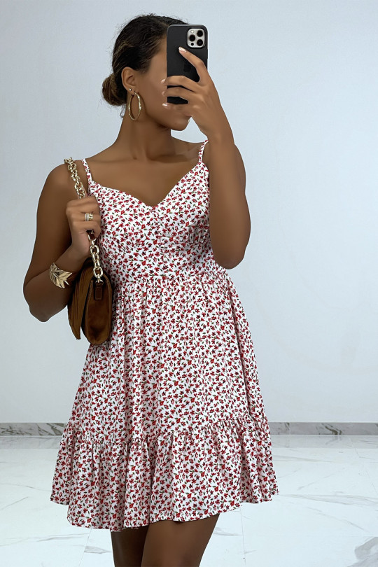 Short summer dress with red flowers and thin straps - 1