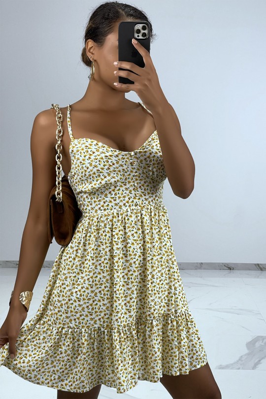Short summer dress with yellow flowers and thin straps - 1