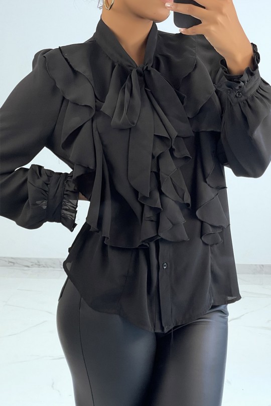Black flowing shirt with ruffles long sleeves - 1