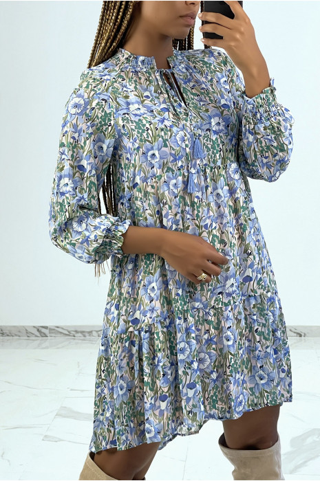 Vloeiende blauwe gebloemde tuniekjurk met mandarijn kraag - 2
