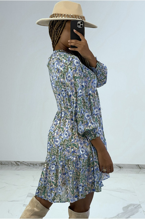 Fluid blue floral tunic dress with mandarin collar - 3