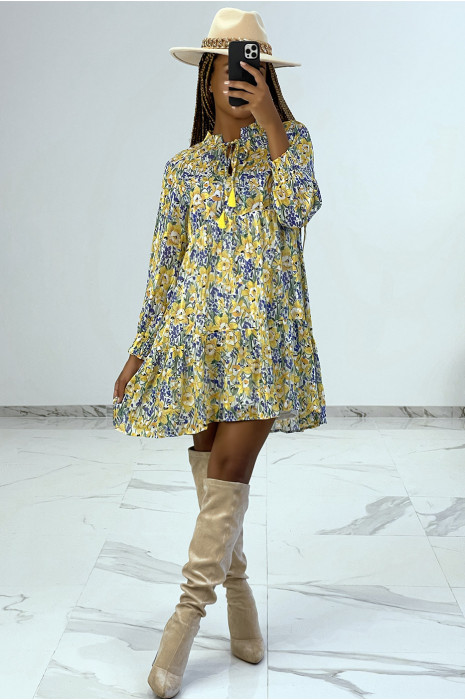 Robe tunique fluide à fleurs jaune col mao - 1