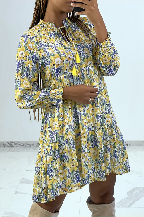 Fluid tunic dress with yellow flowers mandarin collar - 2