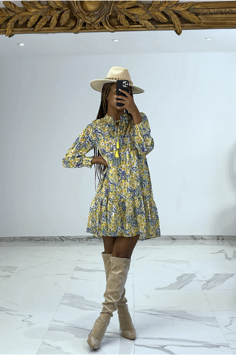 Robe tunique fluide à fleurs jaune col mao - 3