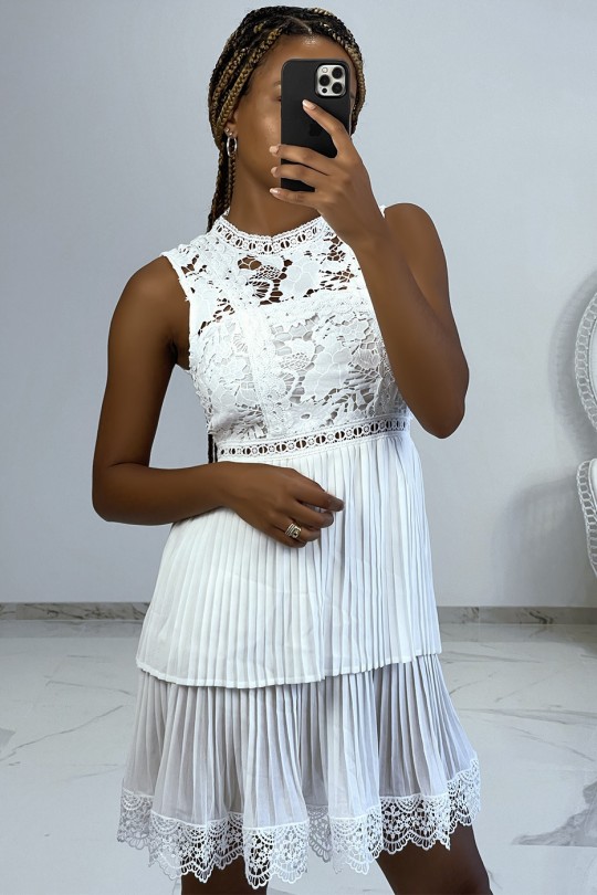 White sleeveless pleated dress with embroidery details - 1