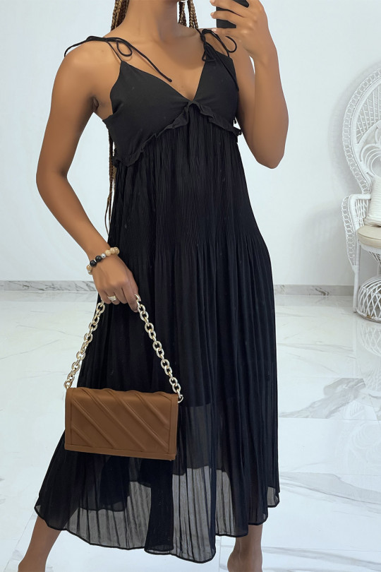 Flowing black pleated dress with V neckline and thin straps to tie - 2