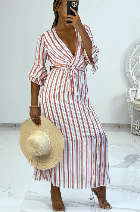 Robe longue à rayures oranges et manches 3/4 à volants style vintage - 1