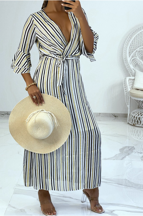 Long dress with yellow stripes and 3/4 sleeves with ruffles vintage style - 1