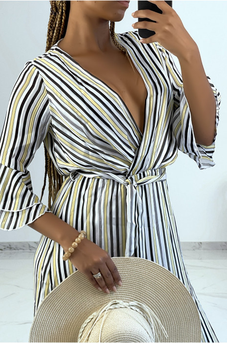 Long dress with yellow stripes and 3/4 sleeves with ruffles vintage style - 2