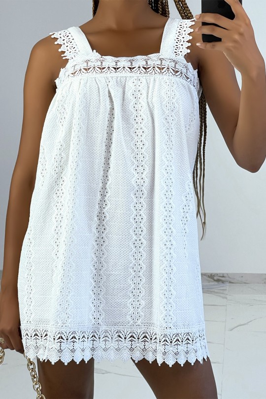 Kleine rechte witte geborduurde jurk met vierkante kraag - 3