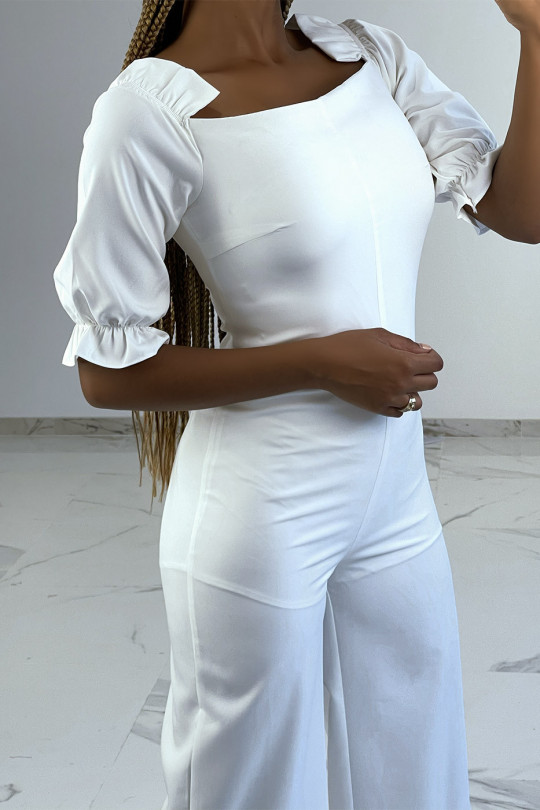 Witte jumpsuit met vierkante hals en gepofte schoudervullingen - 3