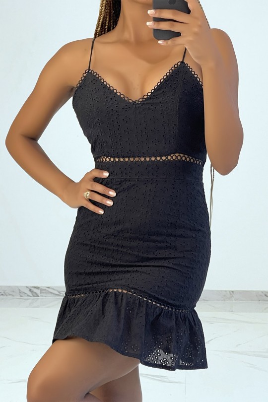 Mini robe noire ajourée avec détails broderie - 2