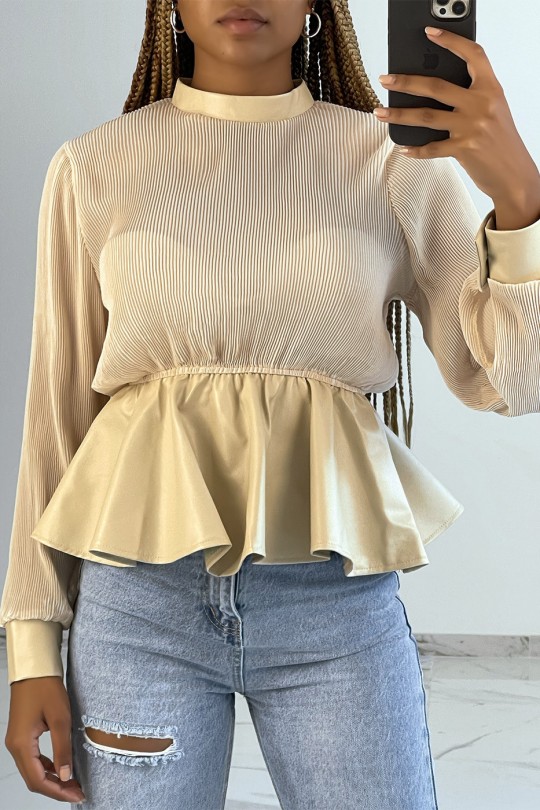 Beige bi-material blouse in pleated tulle and puff-effect faux leather - 2