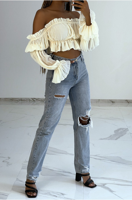 Crop top fluide en mousseline beige style bohème - 1