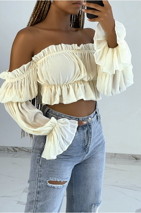 Crop top fluide en mousseline beige style bohème - 2