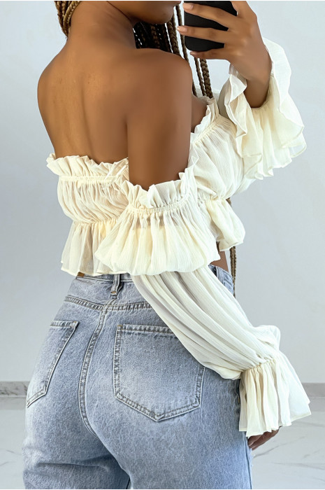 Crop top fluide en mousseline beige style bohème - 4