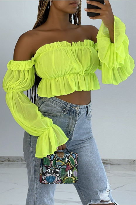 Crop top fluide en mousseline vert style bohème - 1