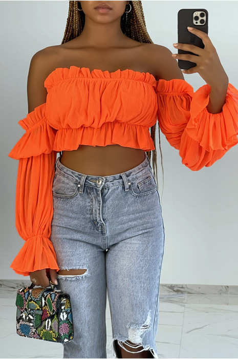 Crop top fluide en mousseline orange style bohème - 1