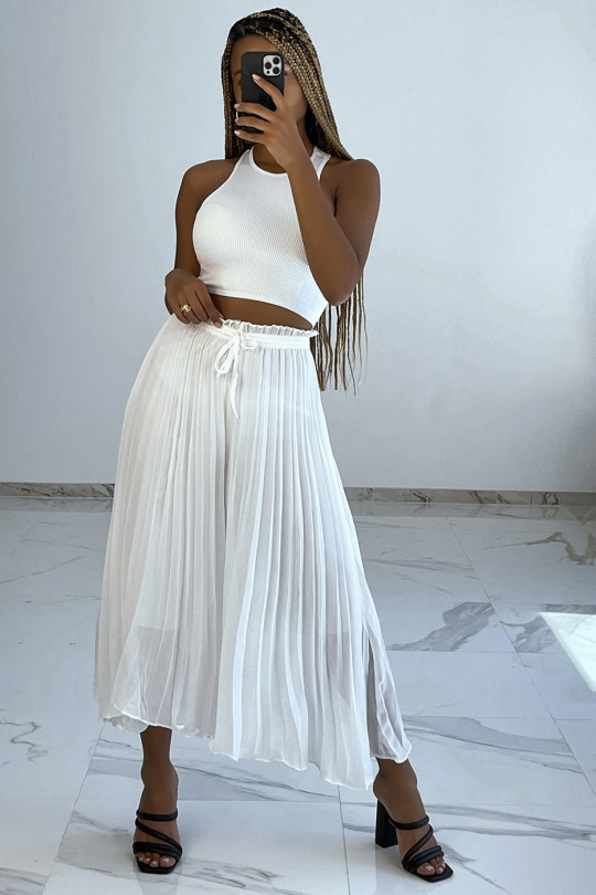 White Flowing Accordion Pleated Chiffon Summer Trousers - 4