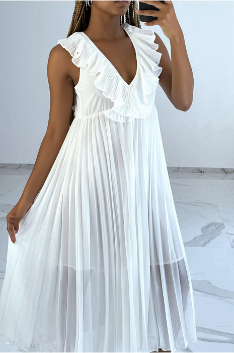 Robe longue fluide en mousseline et col V à volants - 3