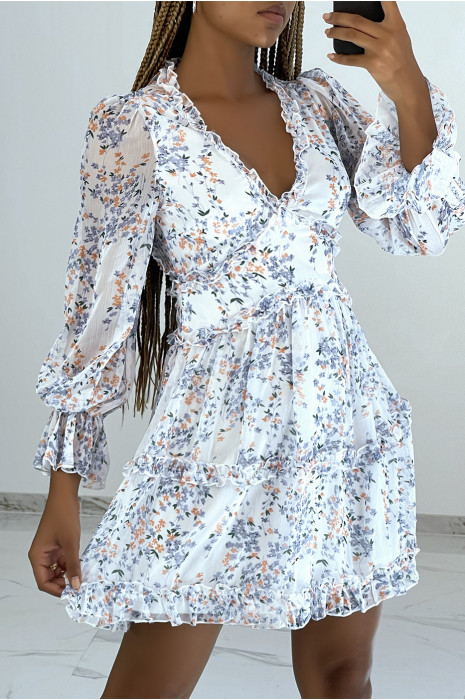 Short white dress with floral print, long sleeves and backless - 2