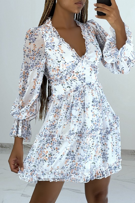 Short white dress with floral print, long sleeves and backless - 2