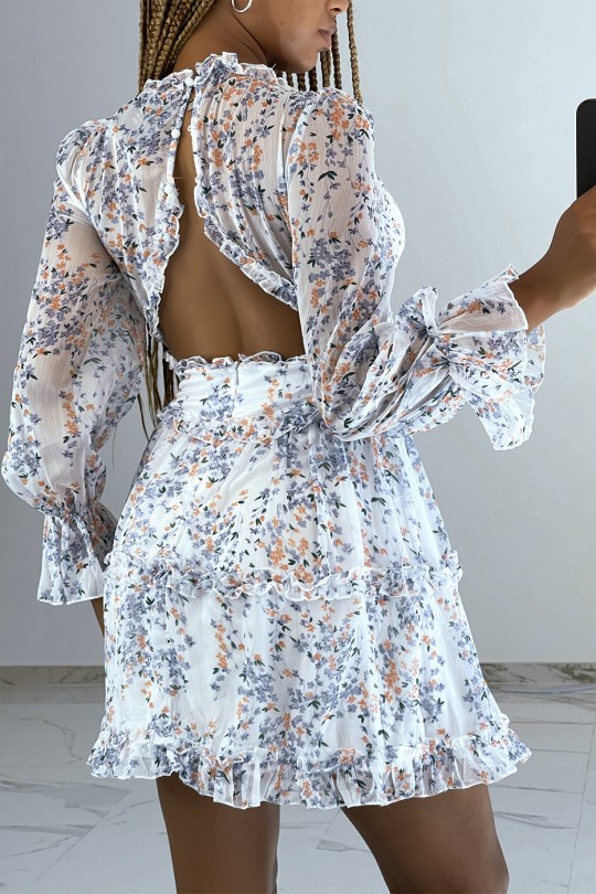 Short white dress with floral print, long sleeves and backless - 3