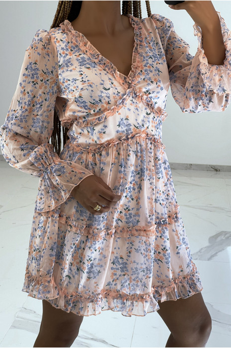 Robe courte rose à imprimé floral, manches longues et dos nu - 3