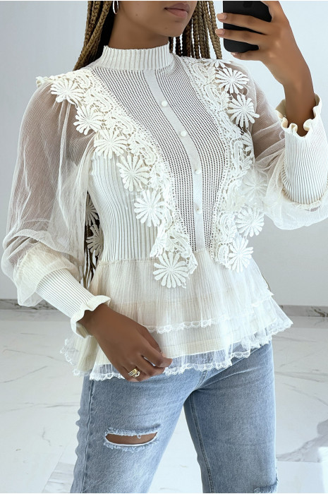 Pull léger beige à manches longues en tulle et détails ajourés et broderie - 1