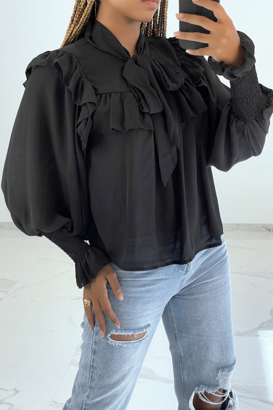 Classic style black blouse with ruffles and puffed sleeves - 1