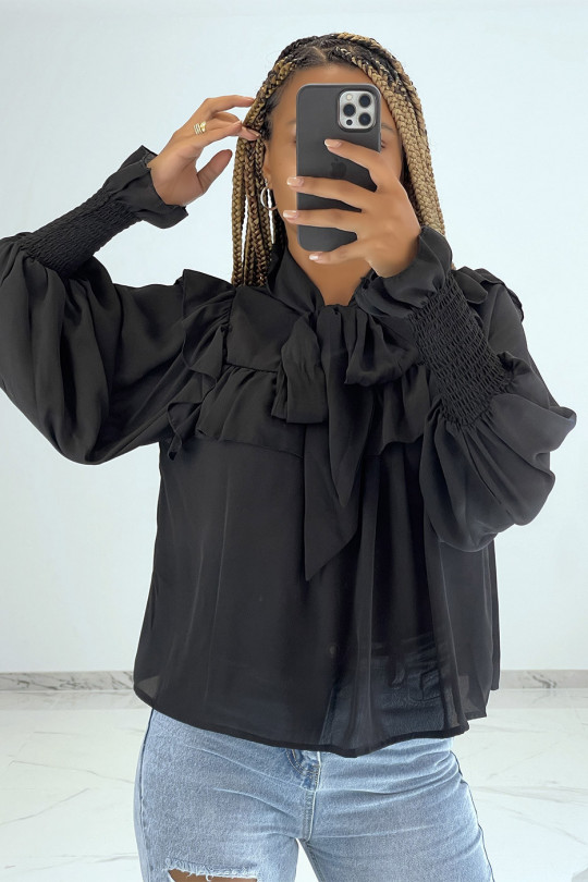 Classic style black blouse with ruffles and puffed sleeves - 2