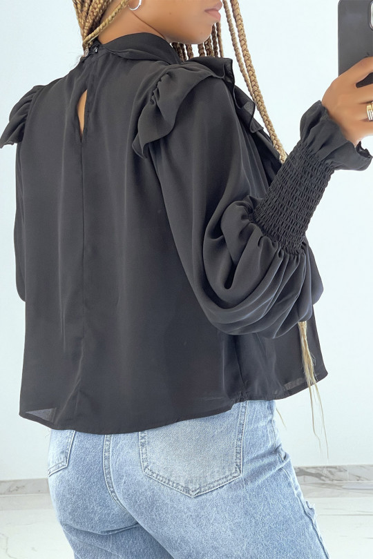 Classic style black blouse with ruffles and puffed sleeves - 3