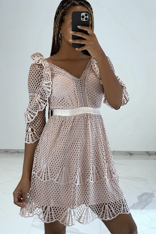 Pink dress with openwork classic style V-neck and ruffle sleeves - 1