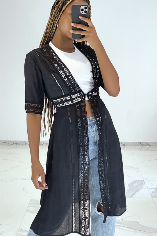 Light fluid black summer kimono with embroidery details - 2
