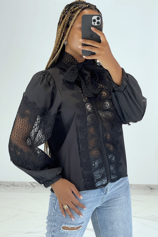 Black puffy zip-up blouse with openwork details - 2
