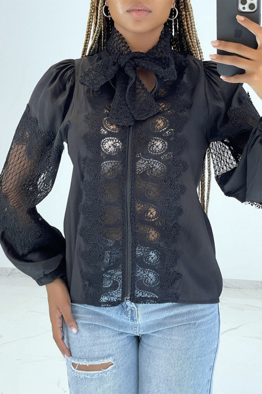 Black puffy zip-up blouse with openwork details - 3