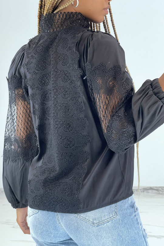 Black puffy zip-up blouse with openwork details - 4
