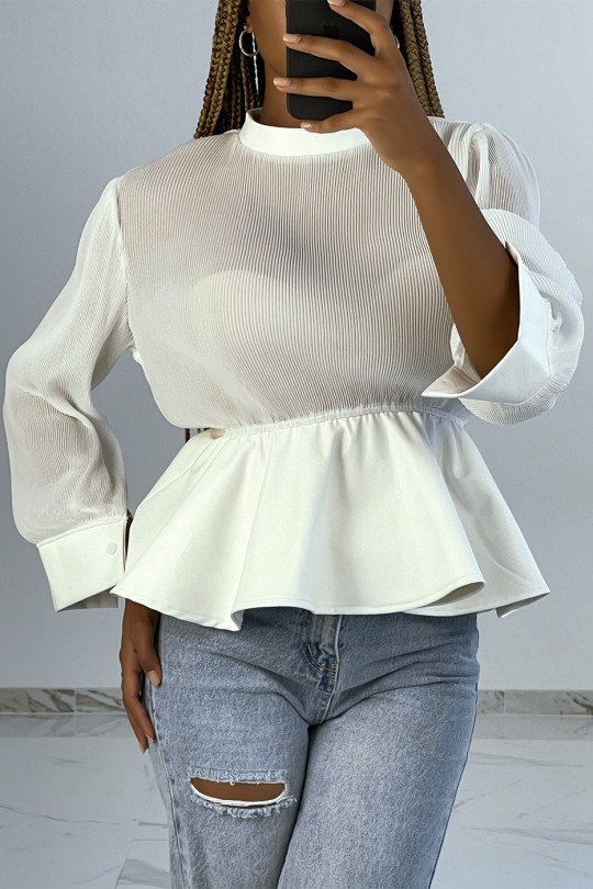 Witte blouse van twee materialen van geplooide tule en imitatieleer met pofeffect - 1