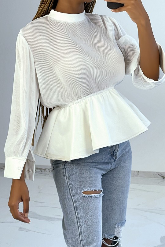 Witte blouse van twee materialen van geplooide tule en imitatieleer met pofeffect - 2