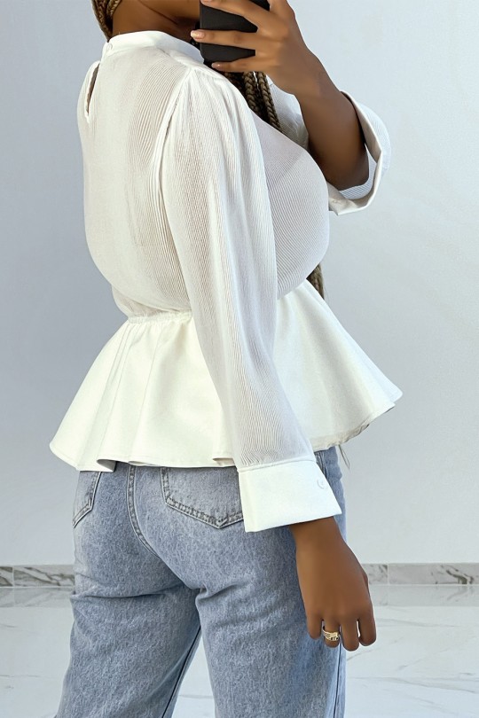 Witte blouse van twee materialen van geplooide tule en imitatieleer met pofeffect - 3