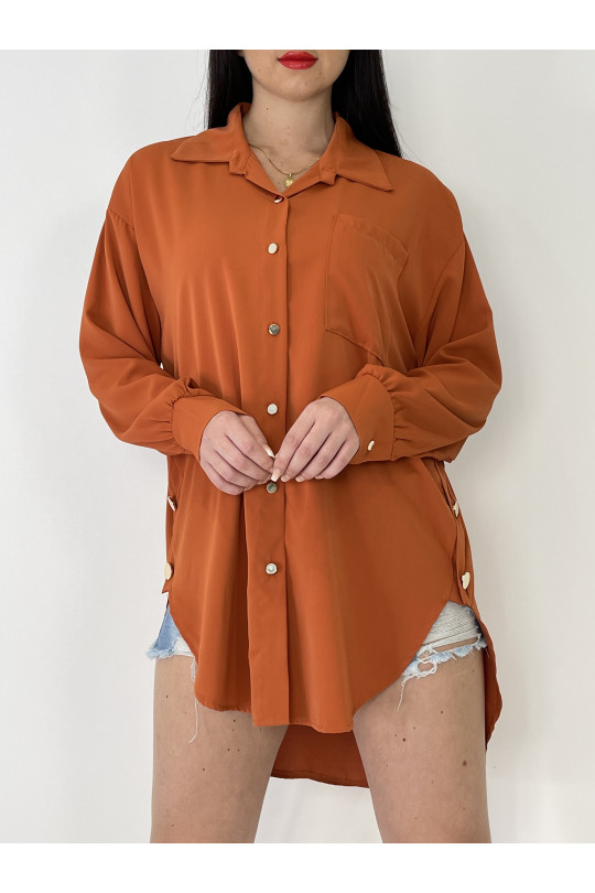 Oranje oversized overhemd met metalen knoopdetails - 2