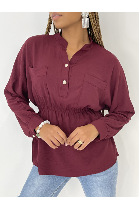 Blouse bordeaux elastique à la taille à boutons perles - 1