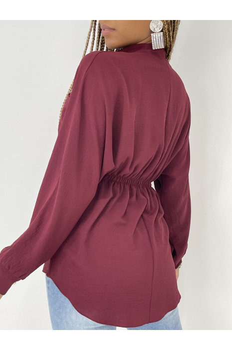Blouse bordeaux elastique à la taille à boutons perles - 2