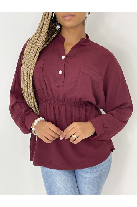 Blouse bordeaux elastique à la taille à boutons perles - 3